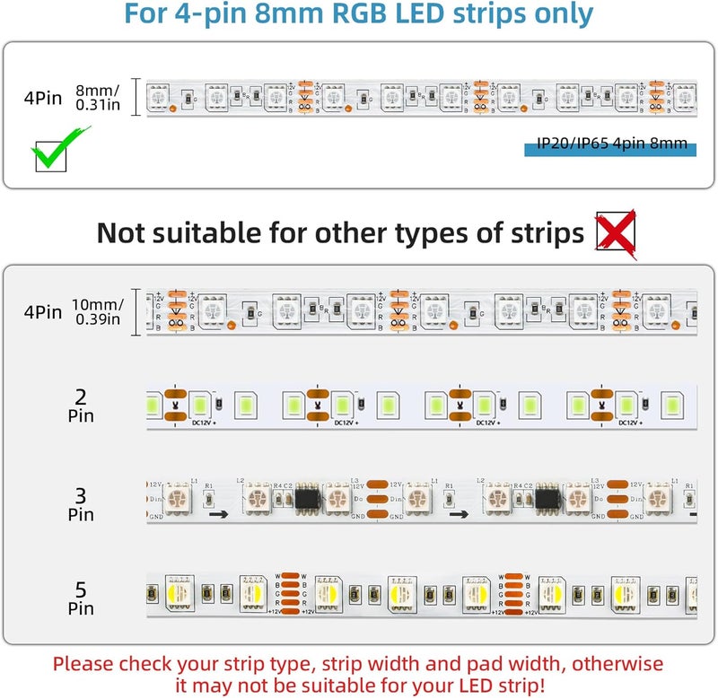 RGBZONE 10Pcs 8mm 4 Pin LED Strip Connectors and 32.8ft 4 Pin RGB Extension Cable Strip to Wire Quick Connection for Waterproof or Non-Waterproof 8mm Wide SMD RGB 5050 LED Strip Lights(IP20/IP65) - Image 4